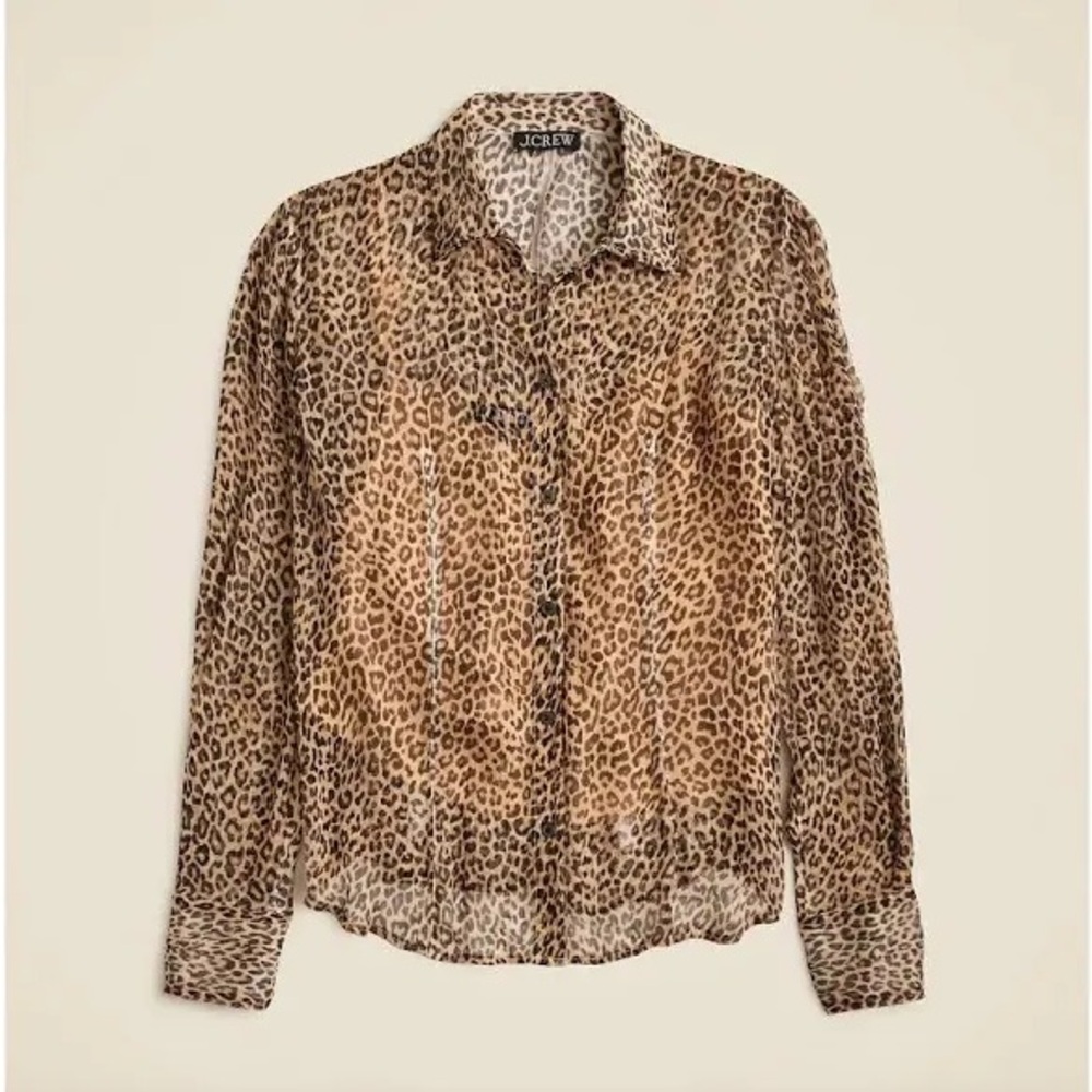 J. Crew Brown Leopard Print Sheer Button Down Shirt Size 14